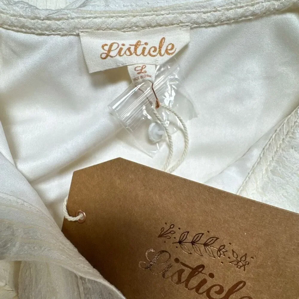 Listicle Women’s Cream Stripe Ruffle Puff Sleeve Dress Sz Lg NEW